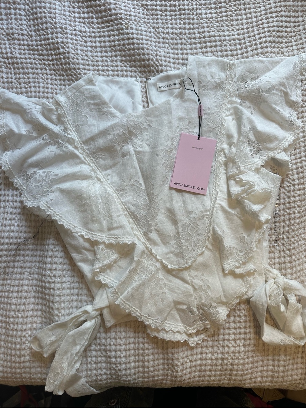 Avec Les Filles Cream Lace Ruffle Wrap Blouse